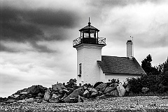 Bristol Ferry Light Surrounded with Rocks for Protection BW